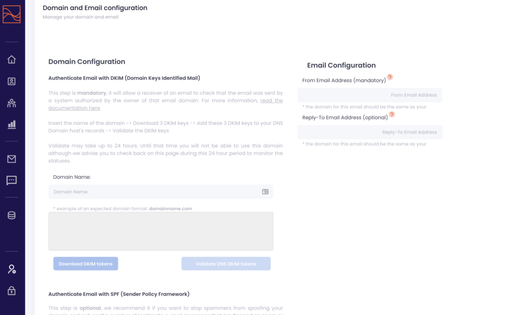 Domain and Emails Configuration page in Data Talks Sports CDP 