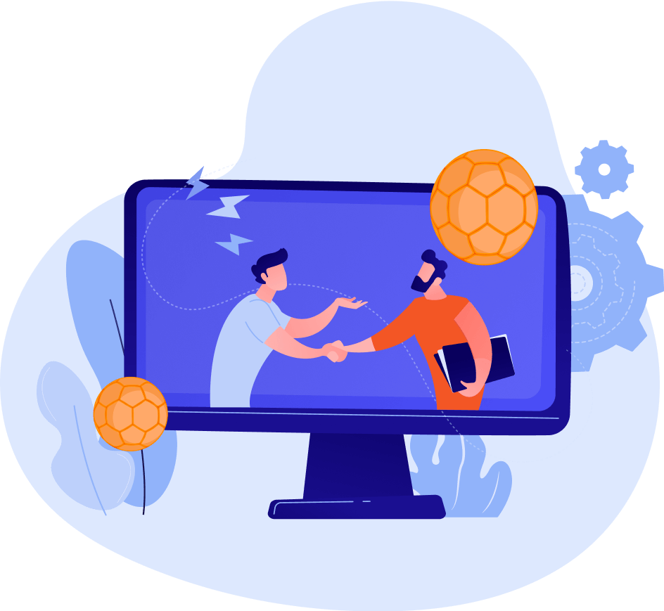 Computer screen showing to men shaking hands with a spors theme on a transparent backgroung