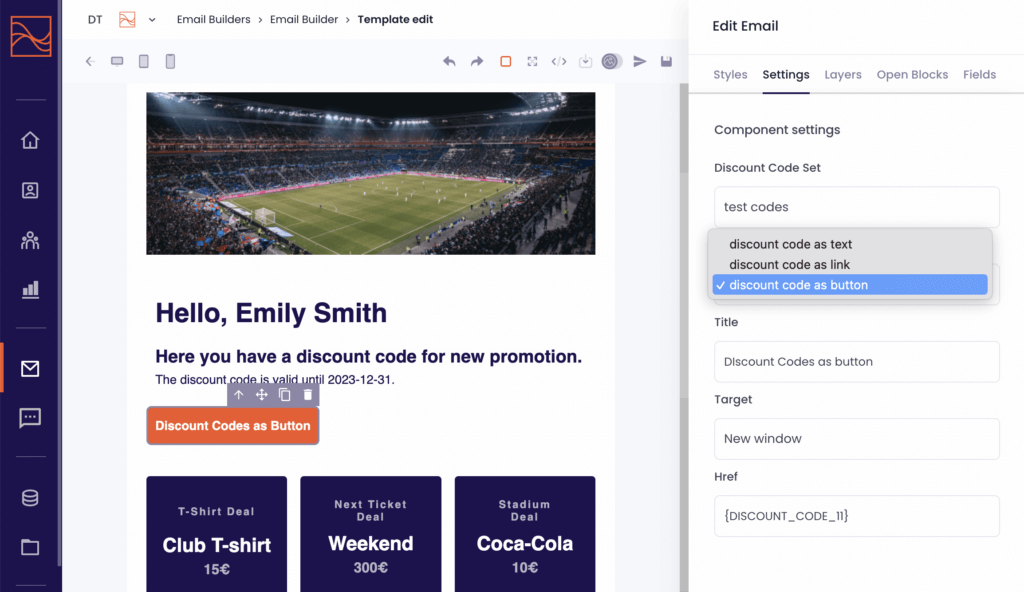 Discount code as a button in the email builder tool