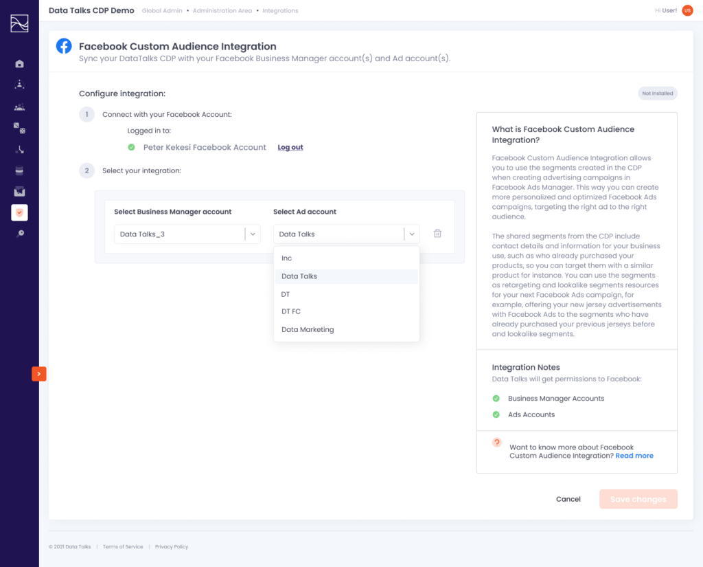 Facebook custom audience integration, data talks CDP demo