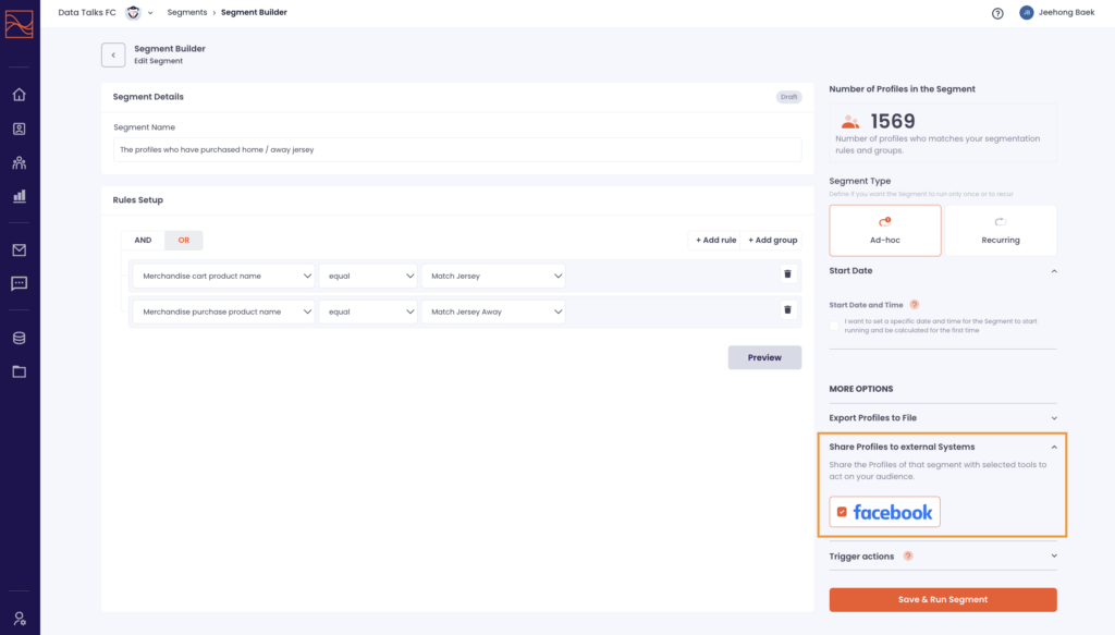 Facebook custom audience integration into segment builder