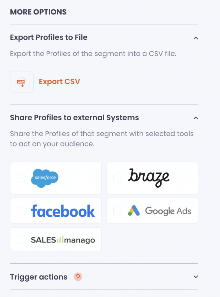 Data Talks CDP Segment builder. Export profiles to file.