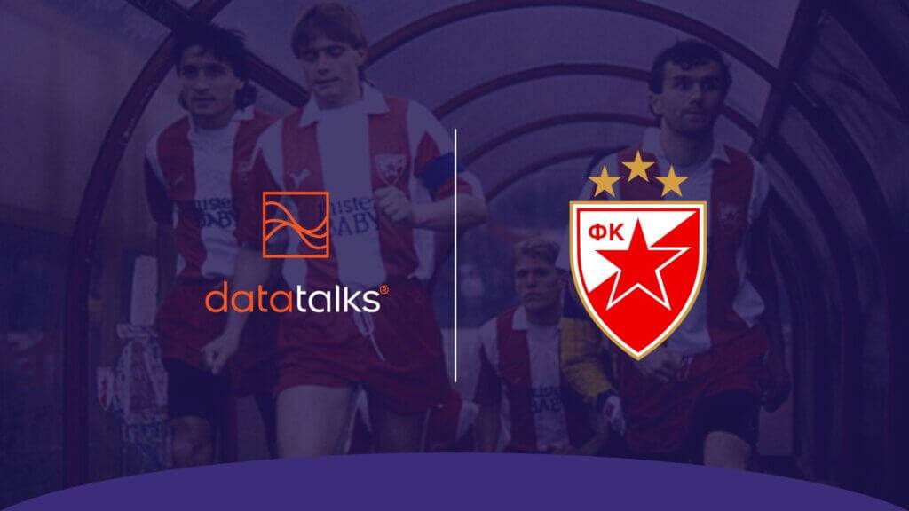 Football players running in background of Data Talks and FK Crvena Zvezda logos.
