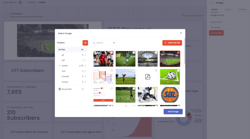 Content Library pop-up in the Analytics Framework in Data Talks Sports CDP