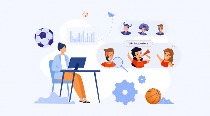 Fan-segmentation-2048×1129 Illustration of a woman at a desk with her laptop researching VIP supporters