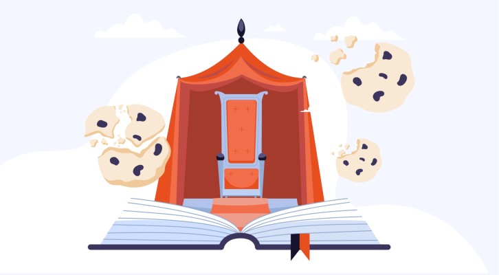 A tent with a throne inside, standing on an open book, surrounded by cookies