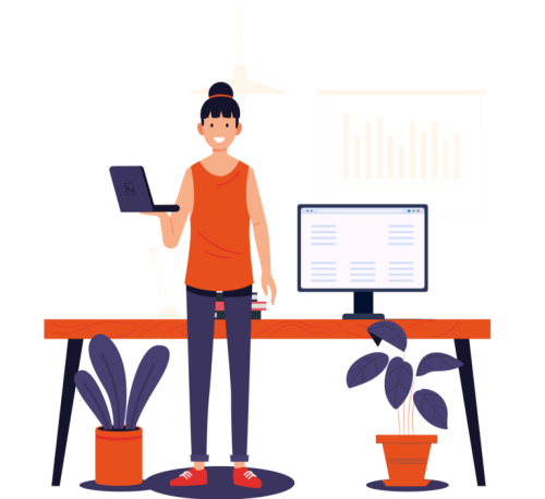 Get-started-768×705 A woman standing in front of desk with a computer in hand thinking about supporter data